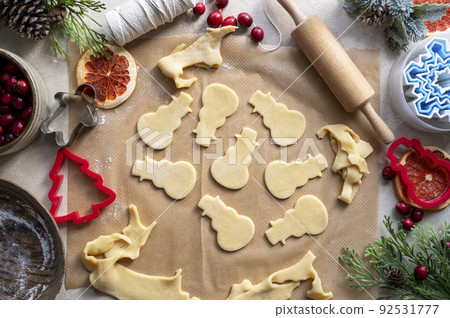Cooking Christmas cookies. Snowman cookie cutter on dough. Step by step recipe. 92531777