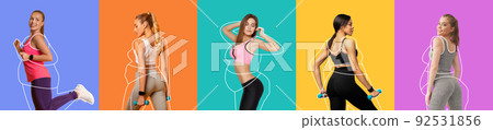 Happy millennial slim european and black women in sportswear with overweight lady drawn around, enjoy workout 92531856