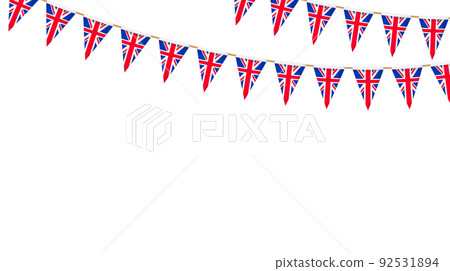 UK flag garland. Union Jack pennants chain. British party bunting decoration. Great Britain flags for celebration. Footer and banner background. 92531894