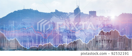 Double explosure with businesss charts and financial district of megapolis 92532191