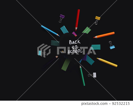 heart shaped board with back to school inscription and multicolored plasticine stacked on top of each other, pencils paper clips on black background heart shaped board with back to school inscription and multicolored plasticine stacked on top of each other, pencils paper clips on black background 92532215