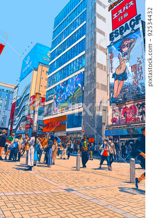 Illustrations of people and landscapes enjoying shopping in Akihabara on holidays 92534432