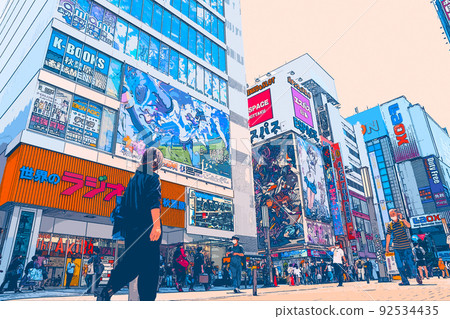 Illustrations of people and landscapes enjoying shopping in Akihabara on holidays 92534435
