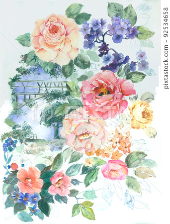 美麗的水彩玫瑰花和牡丹花 92534658