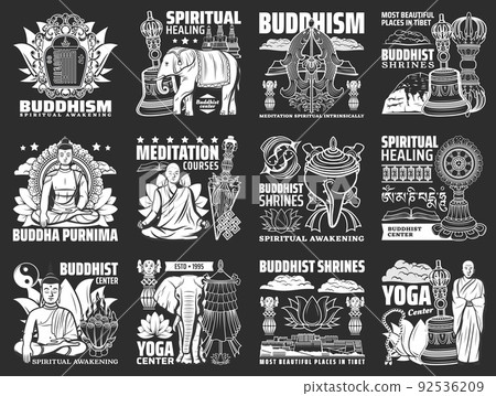 Buddhism religion, Buddha, Indian temple and Buddhist monk vector icons. Dharma and prayer wheel, lotus flower, endless knot, stupa and chakra, spiritual bell, treasure vase, gold fish and conch shell Buddhism religion, Buddha, Indian temple and Buddhist monk vector icons. Dharma and prayer wheel, lotus flower, endless knot, stupa and chakra, spiritual bell, treasure vase, gold fish and conch shell 92536209