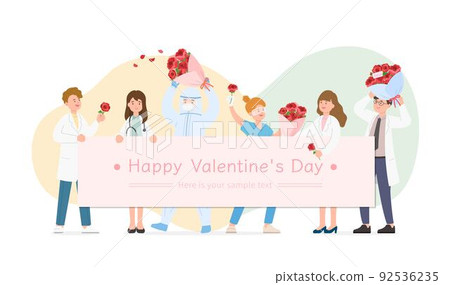 Male and female team of paramedics or doctors or scientists or medical specialists with bouquet of roses, celebrating valentine's day or anniversary or birthday Male and female team of paramedics or doctors or scientists or medical specialists with bouquet of roses, celebrating valentine's day or anniversary or birthday 92536235