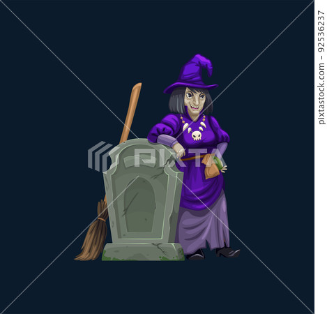 Witch at cemetery tomb, spooky Halloween vector character. Sinister woman in purple hat stand with broom at old cracked gravestone. Cartoon hex in magician costume on graveyard, scary hag personage Witch at cemetery tomb, spooky Halloween vector character. Sinister woman in purple hat stand with broom at old cracked gravestone. Cartoon hex in magician costume on graveyard, scary hag personage 92536237