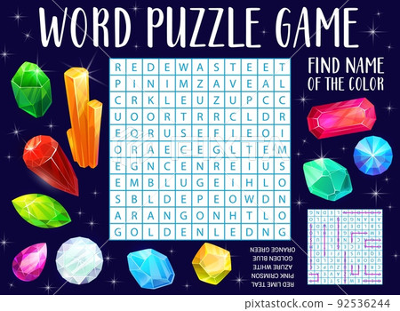 Gems, jewel and crystals word search puzzle game worksheet, kids quiz grid. Vector crossword brainteaser for children with cartoon colorful gemstones and latin letters at square field, find words task 92536244