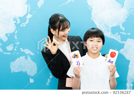 English classroom (blue background, teacher, student, English card 92536287