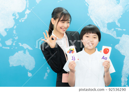 English classroom (blue background, teacher, student, English card English classroom (blue background, teacher, student, English card 92536290