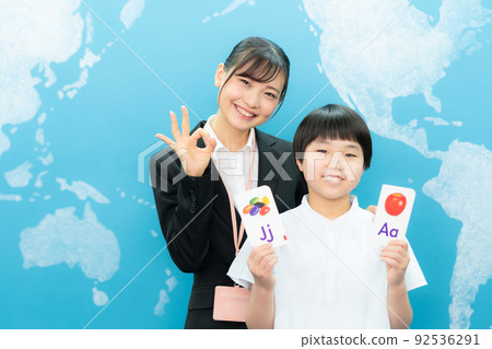 English classroom (blue background, teacher, student, English card English classroom (blue background, teacher, student, English card 92536291