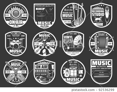 Music instrument, microphone and vinyl record player vector badges. Isolated musical icons with drums, pianos, guitars and retro gramophones, notes, shamisen, flutes, tanbur, trumpets and tubes Music instrument, microphone and vinyl record player vector badges. Isolated musical icons with drums, pianos, guitars and retro gramophones, notes, shamisen, flutes, tanbur, trumpets and tubes 92536299