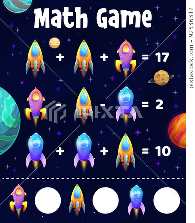 Starship, spaceship shuttles, math game worksheet or education maze, vector puzzle. Math game puzzle on addition and extraction, kid school mathematics and calculation puzzle with galaxy rockets 92536312