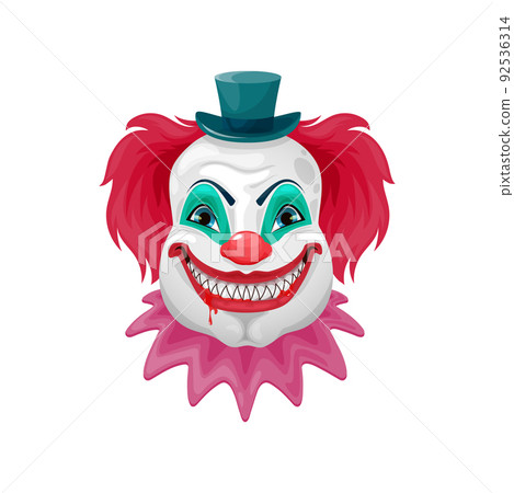 Horror clown isolated cartoon scary circus monster face. Vector Halloween holiday character, evil clown or joker with bloody teeth and crazy smile, red noses and pink hair wigs, small green hat Horror clown isolated cartoon scary circus monster face. Vector Halloween holiday character, evil clown or joker with bloody teeth and crazy smile, red noses and pink hair wigs, small green hat 92536314