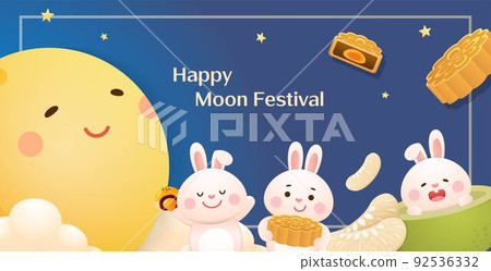 中秋節海報,可愛俏皮的兔寶寶吉祥物卡通人物與月亮與月餅與柚 92536332