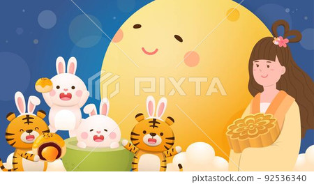 Asian festivals: Mid-autumn festival, poster of beautiful fairy with rabbit and tiger with full moon and moon cake 92536340