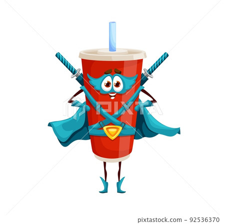 Cartoon soda drink superhero character. Fast food sweet refreshing drink funny personage in mask, cloak and belt, armed with katana swords. Happy soda cup warrior or defender isolated vector character Cartoon soda drink superhero character. Fast food sweet refreshing drink funny personage in mask, cloak and belt, armed with katana swords. Happy soda cup warrior or defender isolated vector character 92536370