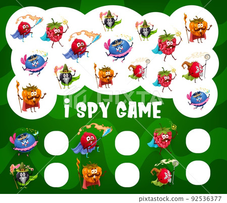 I spy game worksheet. Cartoon berry wizard, mage and fairy characters on child counting quiz, children math riddle with objects searching and counting task. Kids educational vector puzzle with berries 92536377