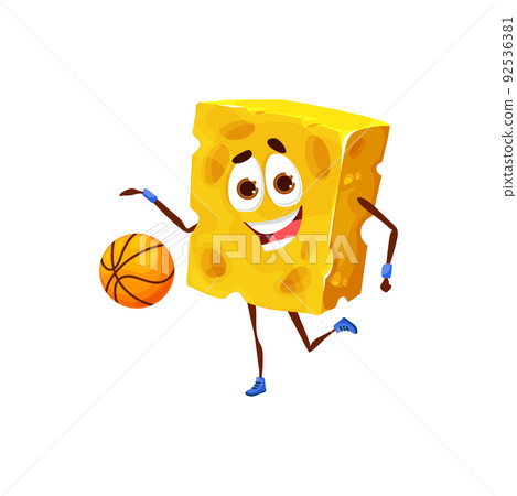 Cartoon piece of cheese personage playing basketball, vector food on sport. Funny cheese lump play basketball ball, funny character mascot for kids sport team or cheese snacks package 92536381