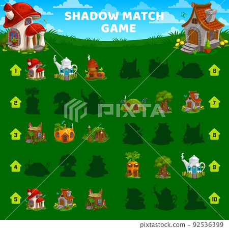 Shadow match game vector worksheet of cartoon gnome and elf houses or dwellings. Kids puzzle, find correct silhouette riddle or quiz on meadow with mushroom, carrot, teapot fairy homes Shadow match game vector worksheet of cartoon gnome and elf houses or dwellings. Kids puzzle, find correct silhouette riddle or quiz on meadow with mushroom, carrot, teapot fairy homes 92536399