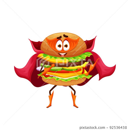 Cartoon cheeseburger superhero character. Fast food takeaway burger or sandwich with cheese, meat and lettuce funny vector personage. Isolated cheeseburger defender or hero character in cape and mask Cartoon cheeseburger superhero character. Fast food takeaway burger or sandwich with cheese, meat and lettuce funny vector personage. Isolated cheeseburger defender or hero character in cape and mask 92536438