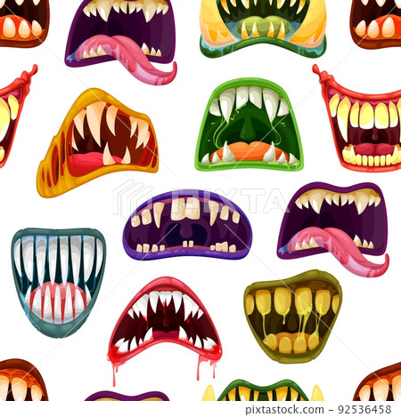 Zombie, clown and vampire cartoon monster mouths seamless pattern. Halloween horror background with vector smiles of scary beasts and angry demons, drool jaws, bloody teeth and tongues with saliva Zombie, clown and vampire cartoon monster mouths seamless pattern. Halloween horror background with vector smiles of scary beasts and angry demons, drool jaws, bloody teeth and tongues with saliva 92536458