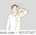 Young man unhappy and angry showing rejection and negative with thumbs down gesture. Hand drawn in thin line style, vector illustrations. 92537267