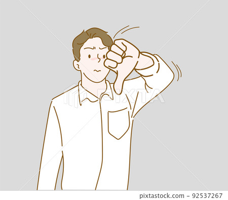 Young man unhappy and angry showing rejection and negative with thumbs down gesture. Hand drawn in thin line style, vector illustrations. Young man unhappy and angry showing rejection and negative with thumbs down gesture. Hand drawn in thin line style, vector illustrations. 92537267