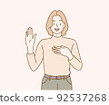 Smiling girl introduce herself, raising hand up and say hello. Hand drawn in thin line style, vector illustrations. 92537268