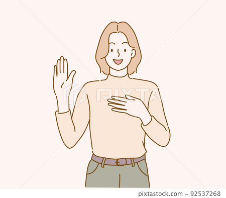 Self Introduction Hand Sign Smiling girl introduce herself, raising hand up... - Stock Illustration ...
