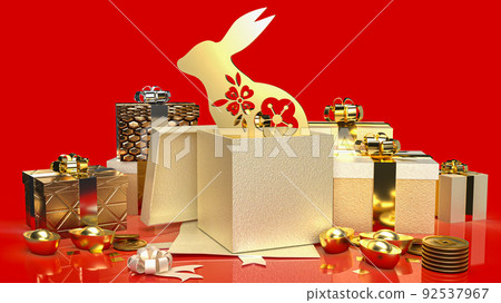 The gold rabbit in gift box for promotion concept 3d rendering The gold rabbit in gift box for promotion concept 3d rendering 92537967