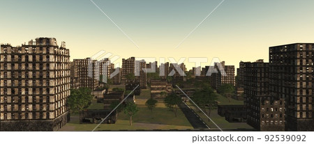 Ruined city buildings cityscape background 3d illustration Ruined city buildings cityscape background 3d illustration 92539092