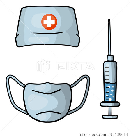 Medical mask and cap with cross. Doctor clothes. Medical mask and cap with cross. Doctor clothes. 92539614