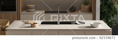 Minimalism modern interior scandinavian design kitchen. Decoration composition with green plants and dishes. 3d render illustration. Minimalism modern interior scandinavian design kitchen. Decoration composition with green plants and dishes. 3d render illustration. 92539671
