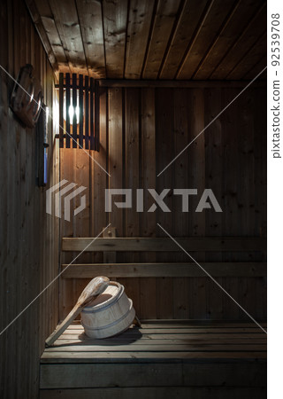 Wooden sauna interior, relaxation concept. 92539708