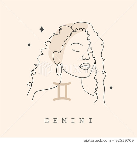 Gemini zodiac sign. One line drawing. Astrological icon with abstract woman face. Mystery and esoteric outline logo. Horoscope symbol. Linear vector illustration in minimalist style 92539709
