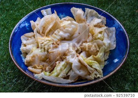 Stir fried cabbage with fish sauce in a japanese bowl on green grass background, asian homemade style food concept. Stir fried cabbage with fish sauce in a japanese bowl on green grass background, asian homemade style food concept. 92539710