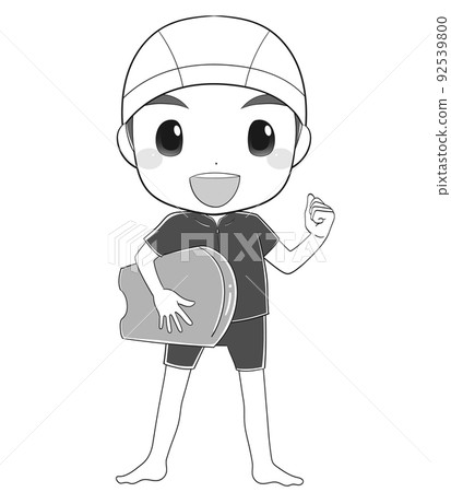 Elementary school boy wearing a swimsuit and holding a kickboard Elementary school boy wearing a swimsuit and holding a kickboard 92539800