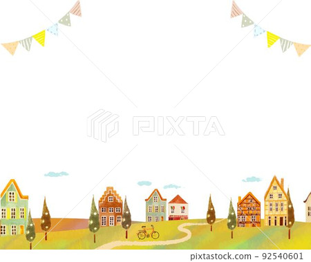 斯堪的納維亞矢量框架與秋葉和可愛的複古建築白色背景材料 92540601