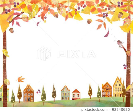 斯堪的納維亞矢量框架白色背景背景材料與秋葉和可愛的複古城市景觀 92540620