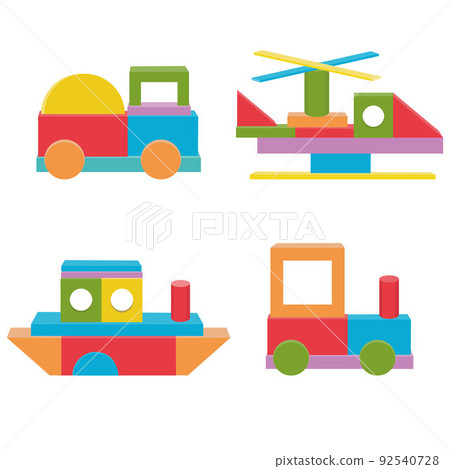 Construction of Transport from colored wooden cubes, vector isolated illustration in the flat style Construction of Transport from colored wooden cubes, vector isolated illustration in the flat style 92540728