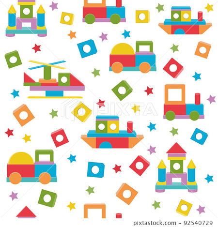 Transport pattern made of colored wooden cubes, vector isolated illustration in flat style 92540729
