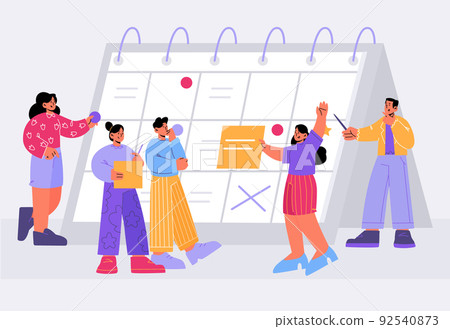 Tiny business people team around of huge calendar 92540873