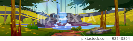 Summer forest landscape with cascade waterfall 92540894