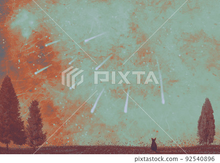 貓和針葉日本紙紋理背景圖解流星雨星空中的淡綠色系統 92540896