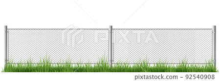 Wire fence with gates on green grass, chain link 92540908