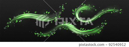 Abstract wind swirl with green leaves and sparkles 92540912