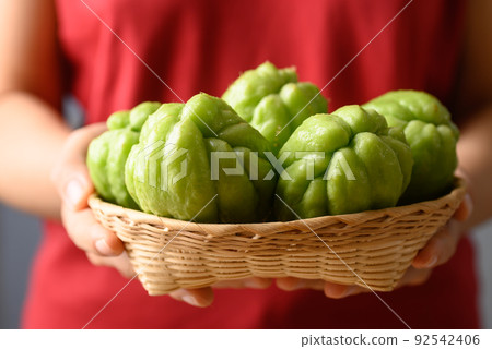 Chayote squash fruit in basket holding by woman hand, Organic vegetables 92542406