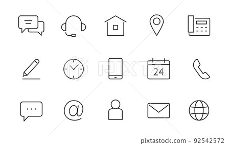 Contact, address line icon set. Mail, telephone adress, message symbol for website button. Editable stroke thin line design icon set Contact, address line icon set. Mail, telephone adress, message symbol for website button. Editable stroke thin line design icon set 92542572