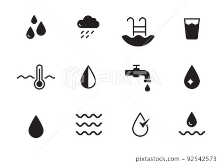 Water drop pictogram icon set. Eco, recycle water, sea care icon. Solid black shape symbol. 92542573